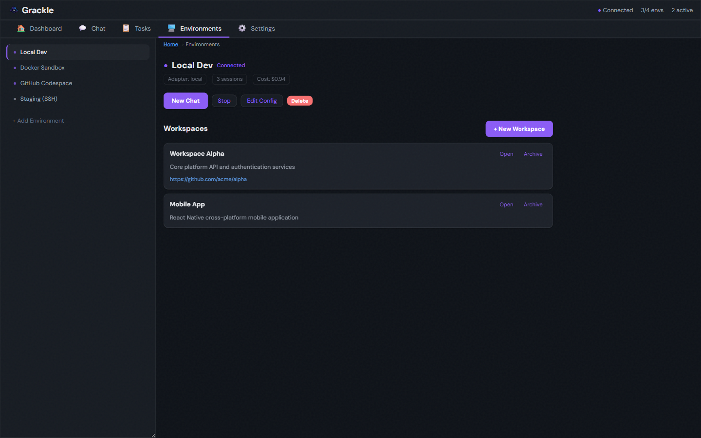 Environment detail — adapter type, sessions, and management
