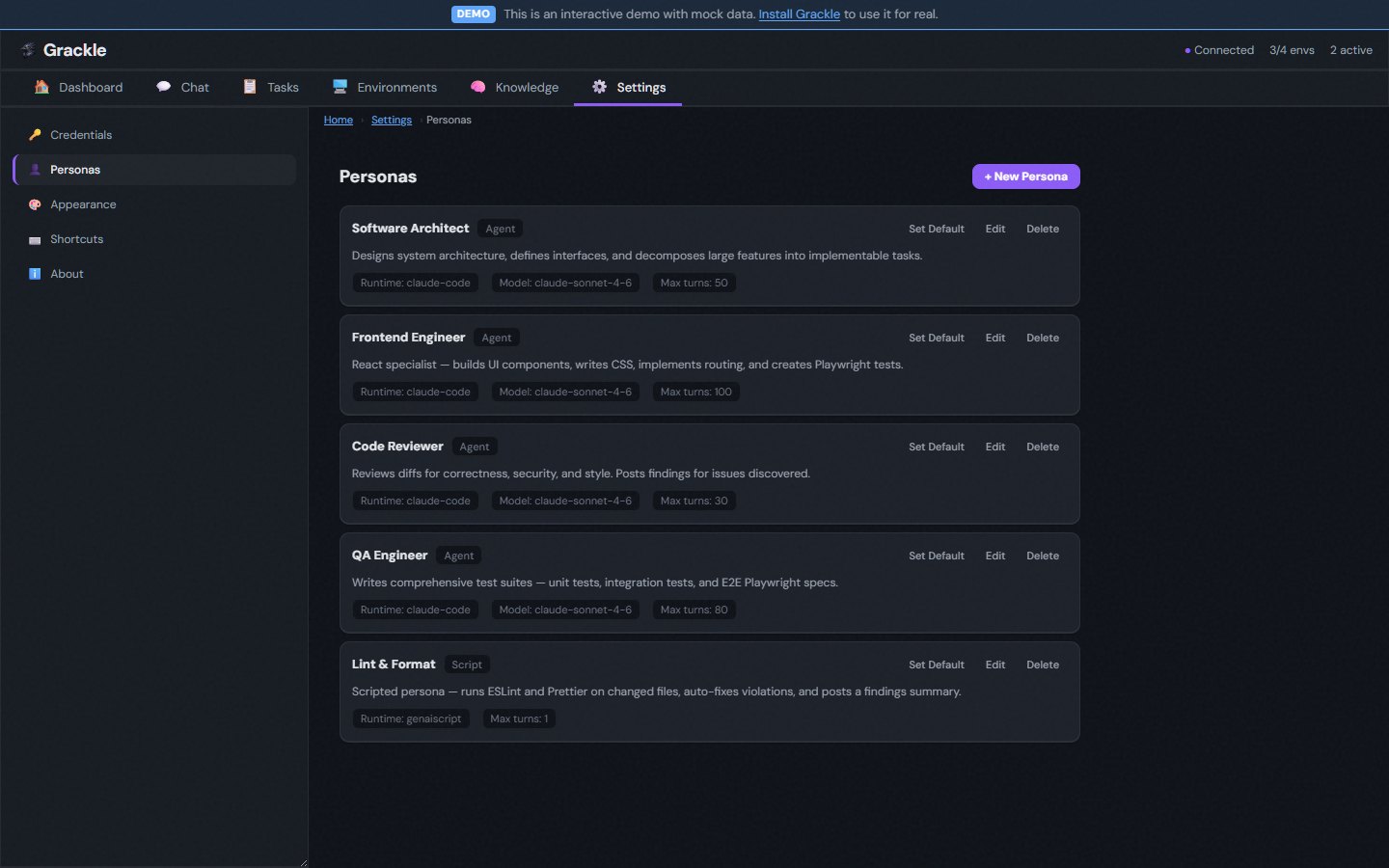 Persona management — runtime, model, and MCP configuration
